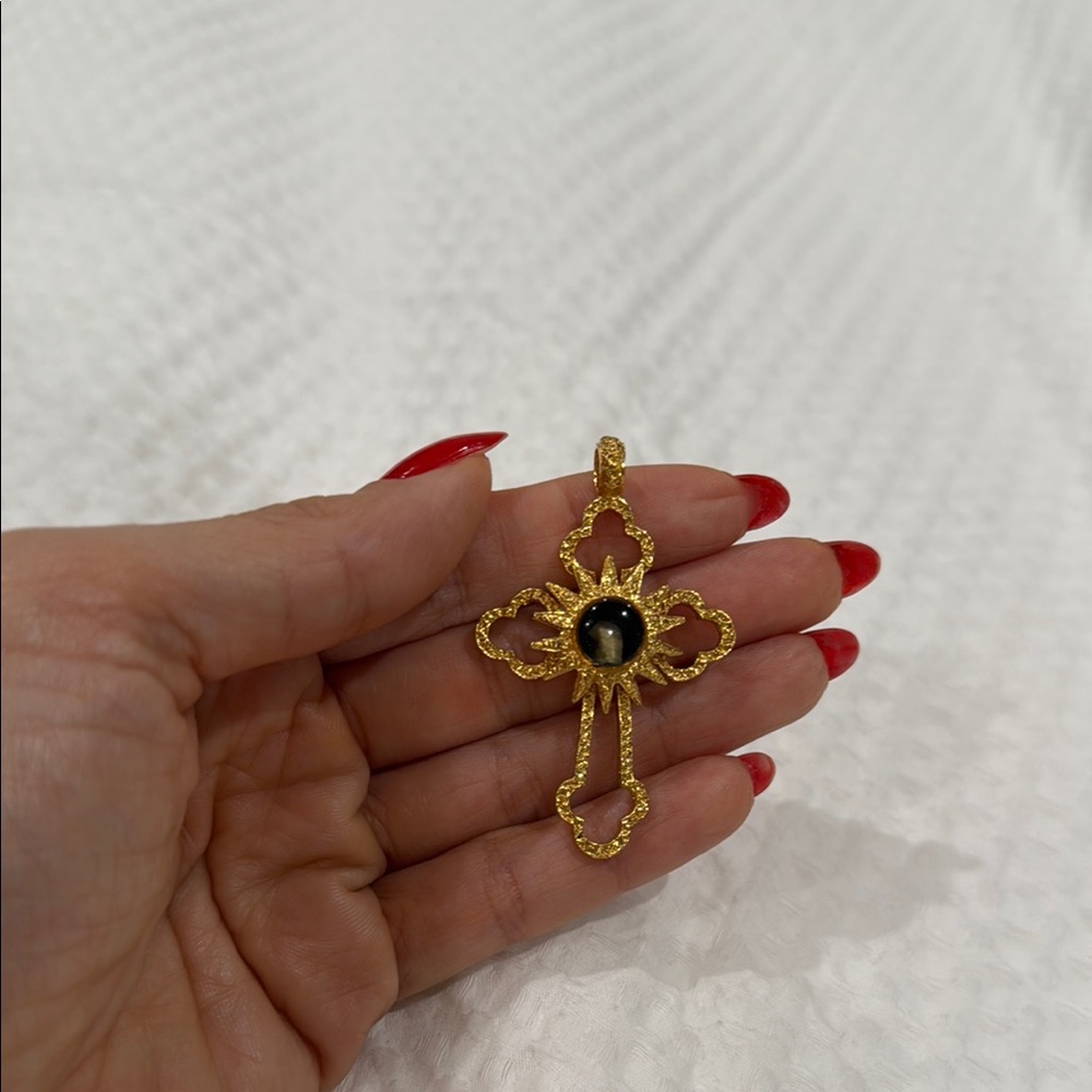 Nativity Stone Cross Necklace with Ornate Design